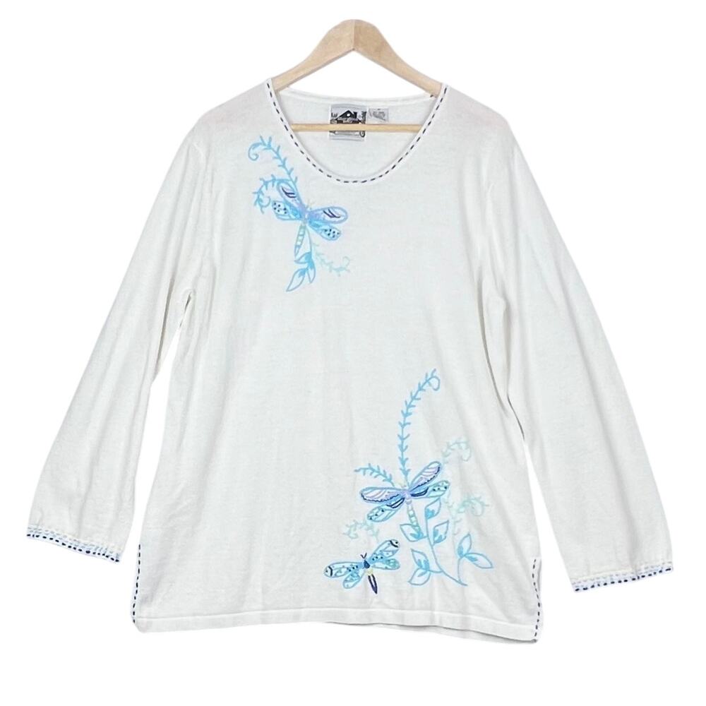 Storybook Knits Embroidered Dragonfly Floral Sweater 1X Ramie Pullover
